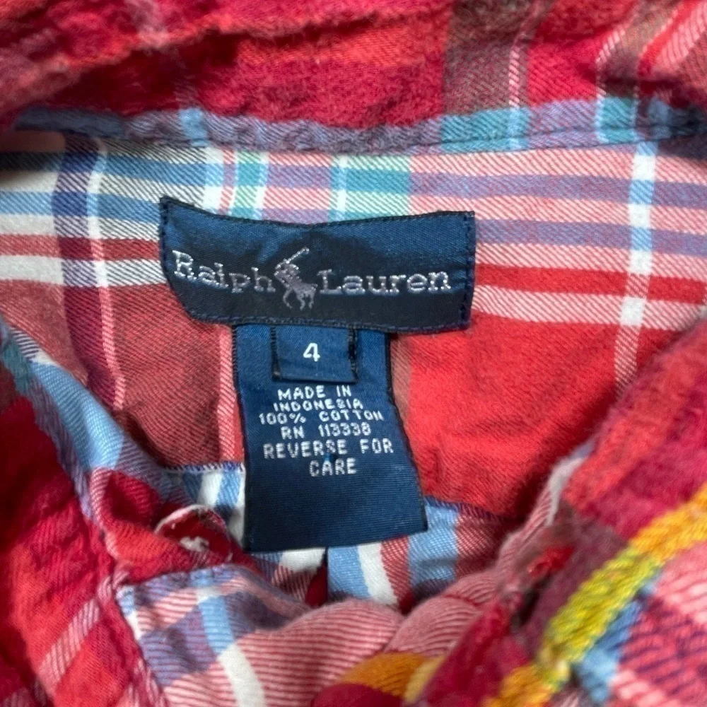 Ralph Lauren Shirt Boys 4 Madras Plaid Long Sleeve Button Down Casual Blue Pony